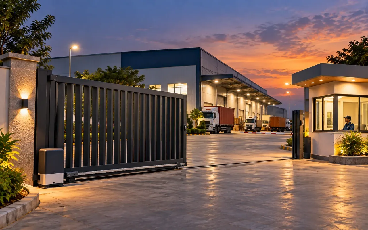 High-speed industrial door at a factory at dusk