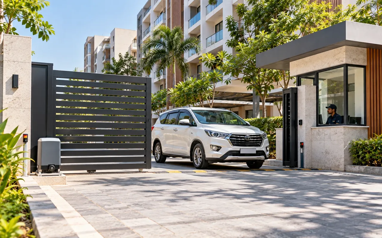 Automatic swing gate in daylight at a residential entrance