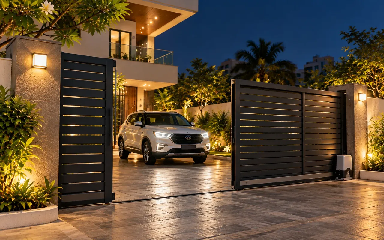Automatic sliding gate open at night with a car entering a villa compound