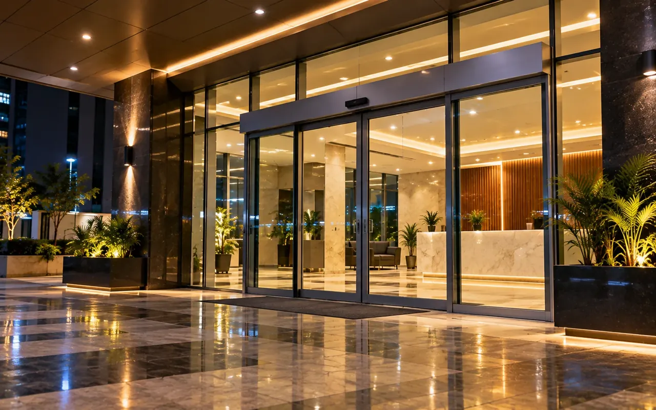 Automatic glass sliding doors open for a visitor at a building entrance