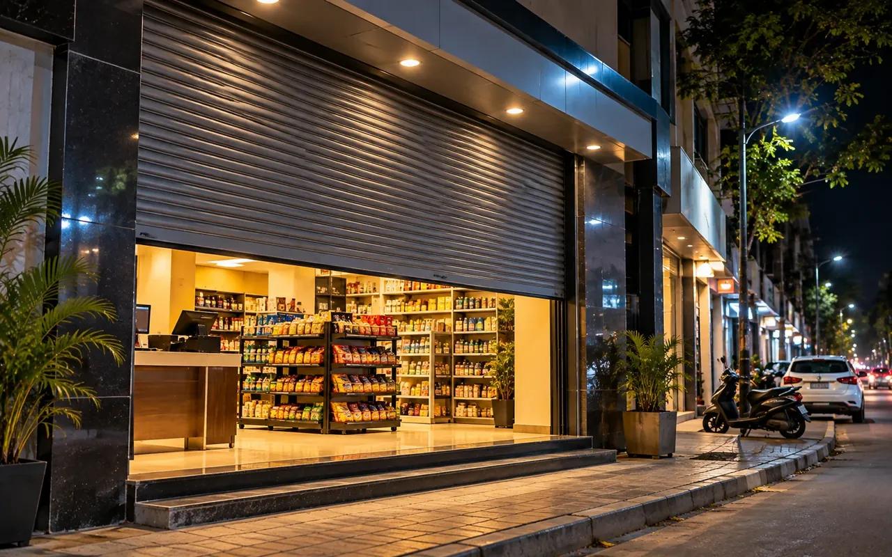 Rolling shutter raised on a shop front at night