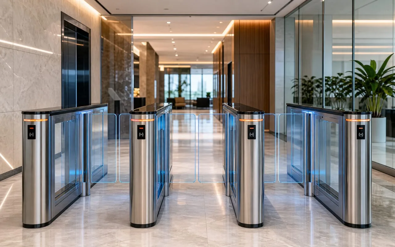 Stainless steel and glass speed gates with RFID readers in a marble office lobby